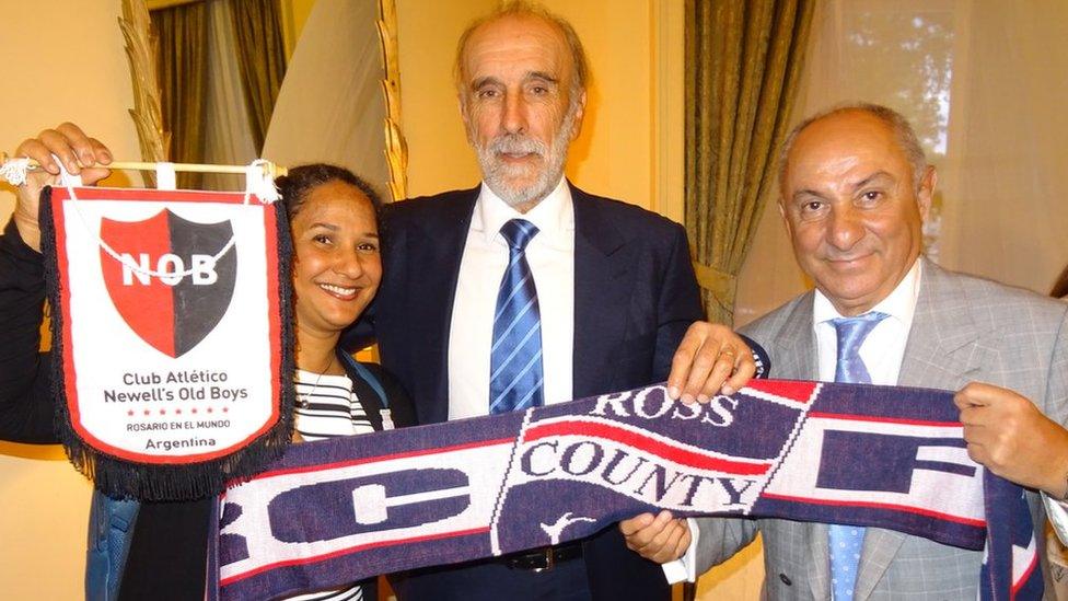 Ricky Villa and Ossie Ardiles with Ross County scarf and a fan in London on Thursday night