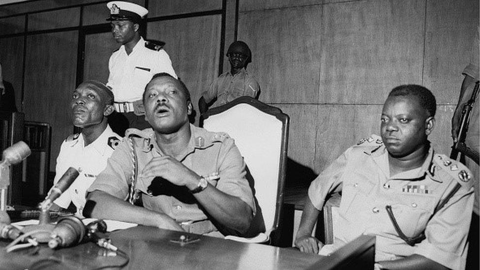 Major General Johnson Aguiyi-Ironsi (1924 - 1966) during a press conference in Nigeria, 24th January 1966