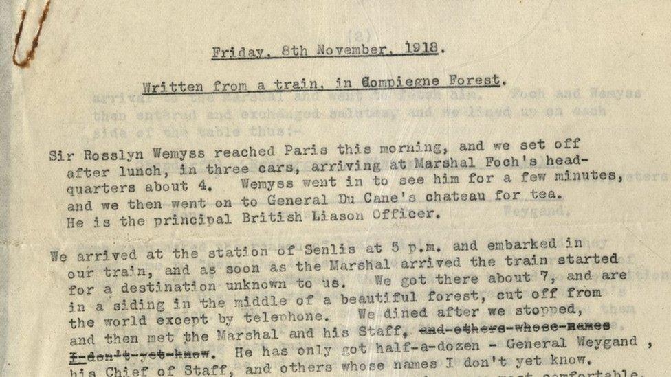 Captain Needham sent correspondence from a railway carriage in the Forest of Compiegne where the armistice was signed