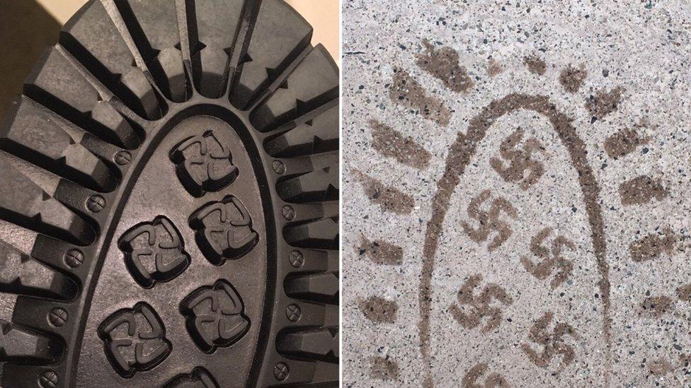 A Reddit image shows the City of Industry Polar Fox boot and its tread with tiny swastika imprints.