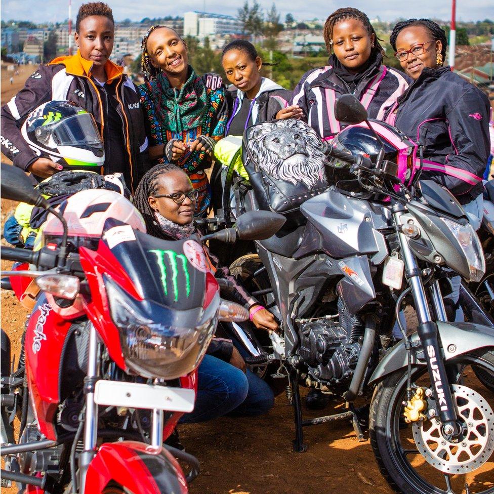 Bikers from the female Kenyan biker gang Inked Sisterhood