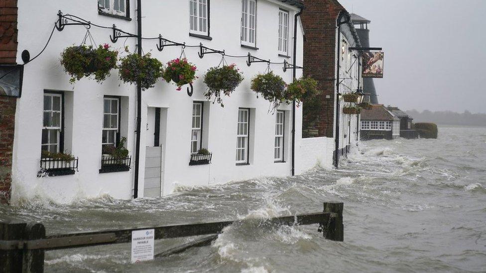 pub surrounded by water