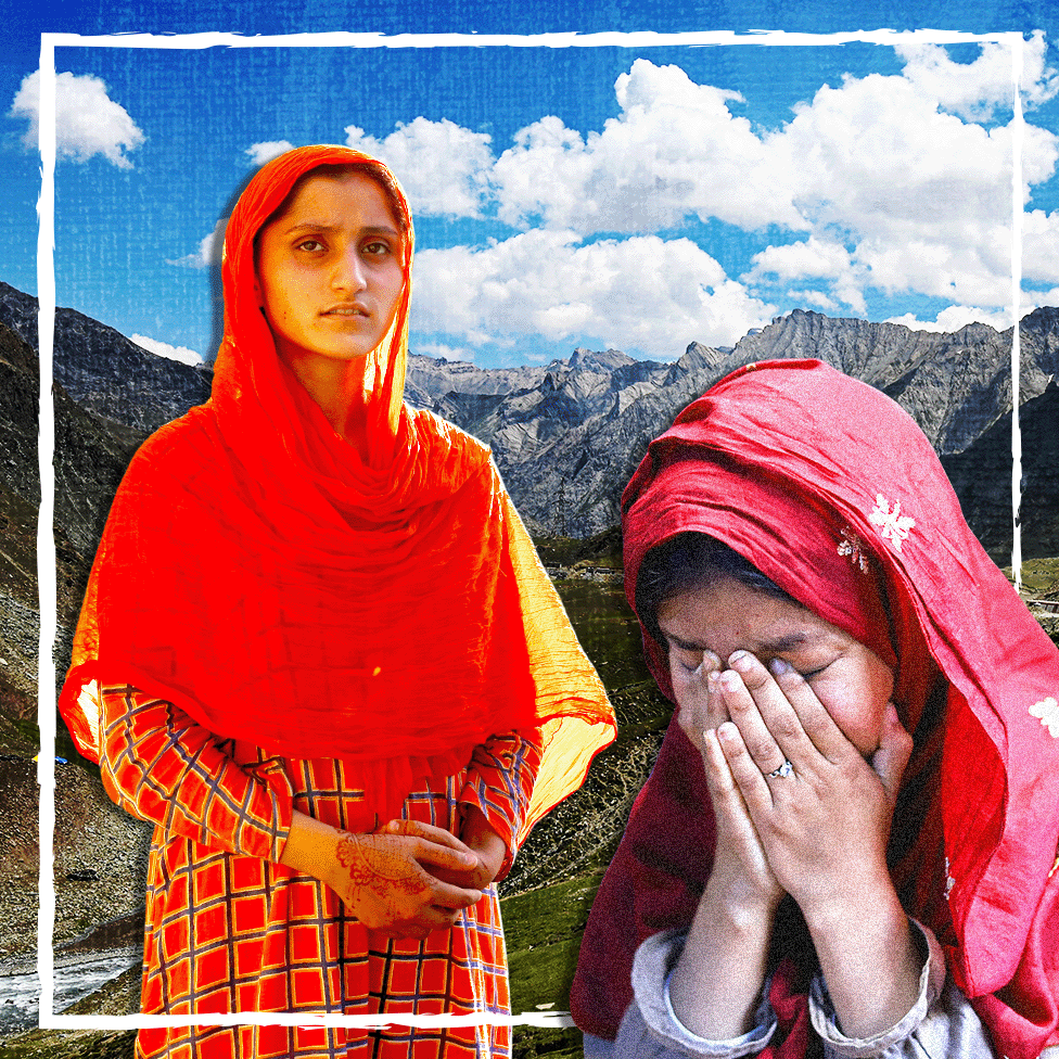 Nimra (left) and Sanam (right) pictured in a photomontage in front of Kashmir's mountainous landscape under blue skies. Nimra wears an orange headscarf and a patterned dress, while Sanam on the right wears a red headscarf and cries with her hands covering her face.