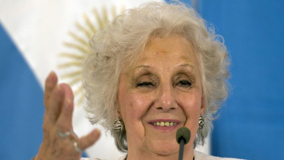 stela de Carlotto, head of the humans rights organization Abuelas de Plaza de MayoM speaks during a press conference after meeting with Argentina's President Mauricio Macri at the Quinta de Olivos government residence in the outskirts of Buenos Aires, on February, 23, 2016.