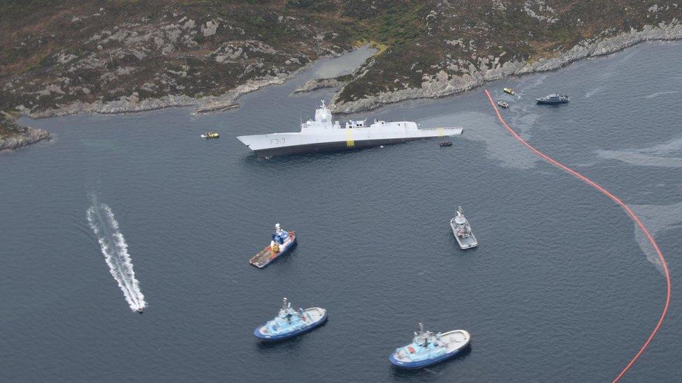 The Norwegian frigate KNM Helge Ingstad and the tanker Sola TS collided in the Hjeltefjorden, north of the Sture terminal in Øygarden municipal in Hordaland