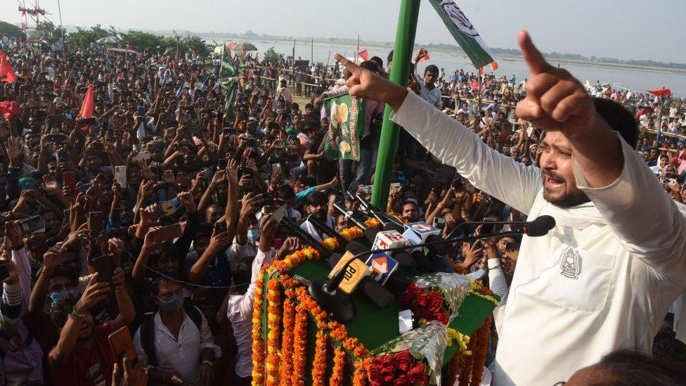 RJD leader Tejashwi Yadav addresses the gathering during an election rally at Digha, on November 1, 2020