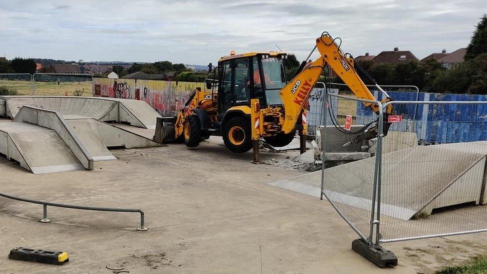 Digger in skate park next to the West Denton Community Centre being demolished to make way for housing.