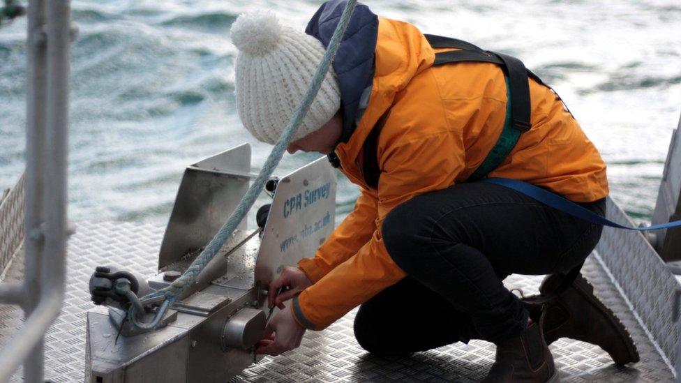 Dr Clare Ostle prepares the continuous plankton recorder