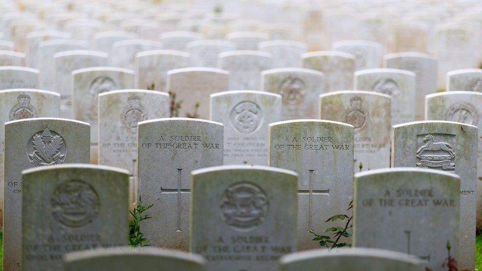 Gravestones commemorating solider"s buried in Delville Wood cemetery