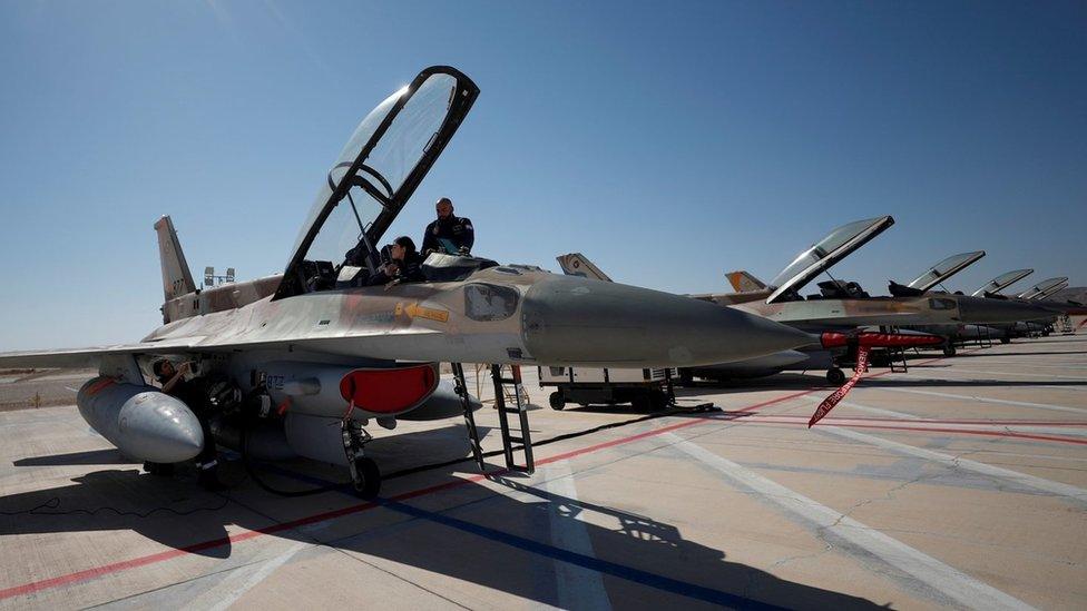 An Israeli F-16 warplanes at the Israeli airbase of Ovda, near the southern Israeli city of Eilat, during the Blue Flag exercise on 24 October 2021