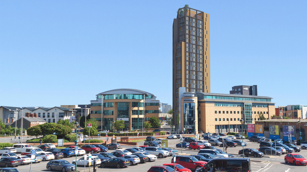 Artist impression of proposed Crawshay Court tower in Cardiff