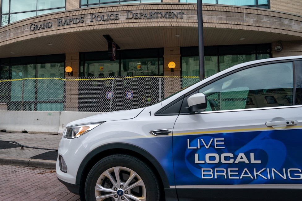 Barricades at the police station at Grand Rapids