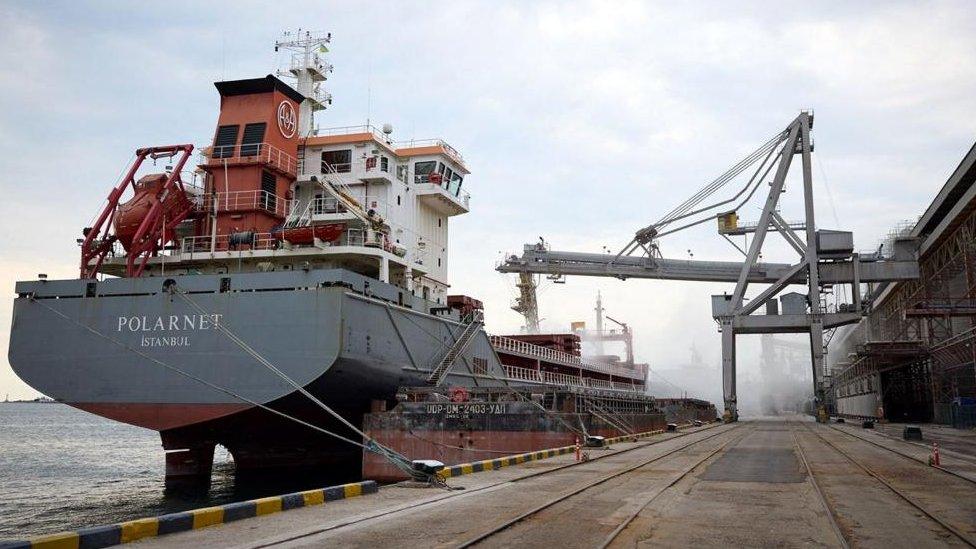 Turkish cargo ship 'Polarnet' being loaded with grain as Ukrainian President Zelensky and G7 countries' ambassadors visit to the port of Odesa, Ukraine, 29 July 2022