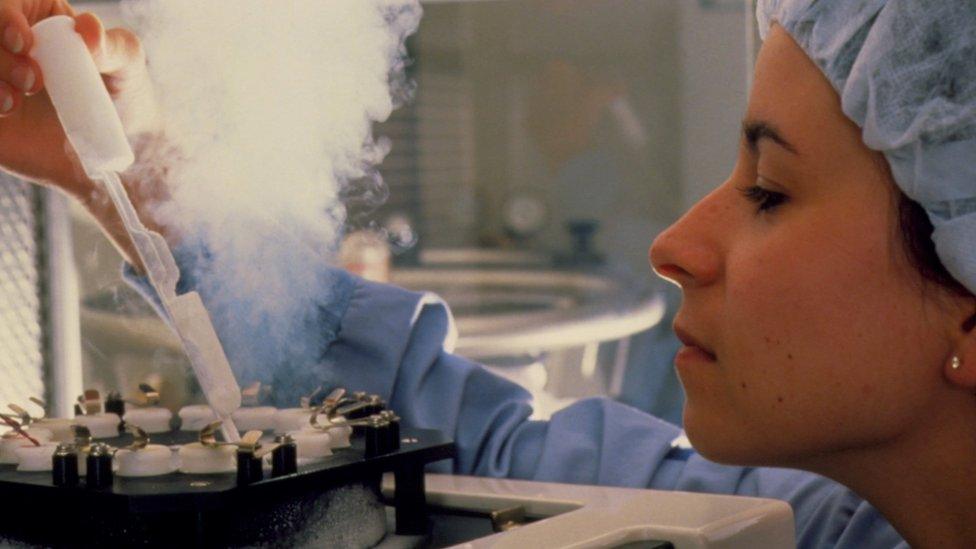 A technician moving frozen eggs from storage