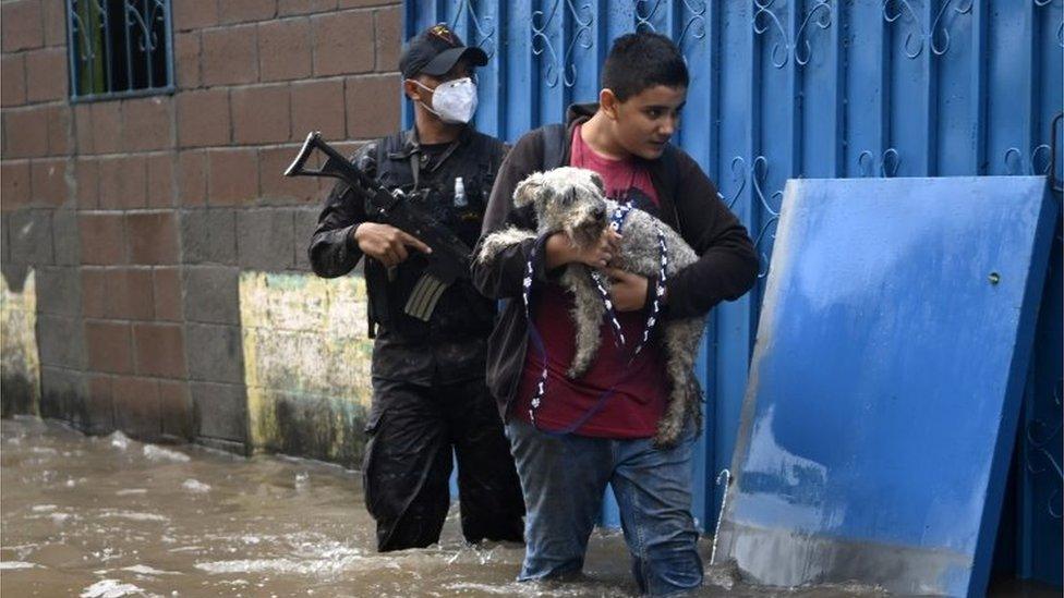 A boy carries his dog as he wades through the water in the flooded Santa Lucia colony in Ilopango, El Salvador, during Tropical Storm Amanda, on May 31, 2020.