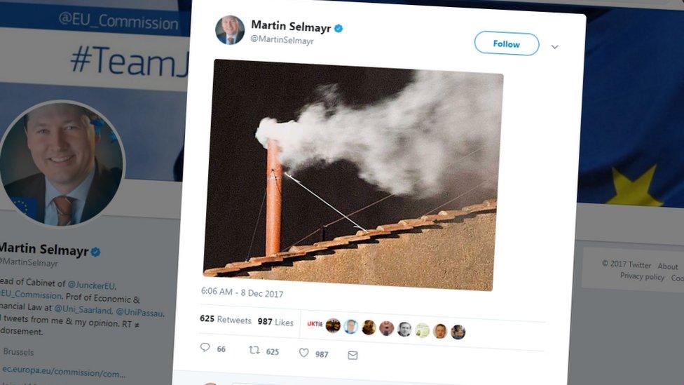 A tweet by Martin Selmayr, chief of staff to Jean-Claude Juncker, showing white smoke