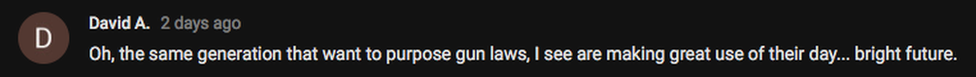 Screenshoot of comment: "Oh, the same generation that wants to propose gun laws, I see are making great use of their day...