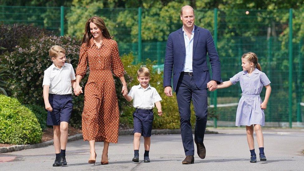 Prince George, Princess Charlotte and Prince Louis, accompanied by their parents the Duke and Duchess of Cambridge, arrive at school in Ascot