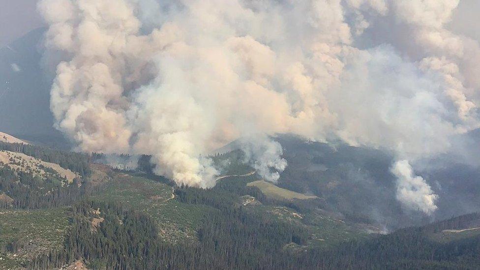 Smoke rises from the Crater Creek wildfire near Keremeos, British Columbia, Canada August 15, 2023.