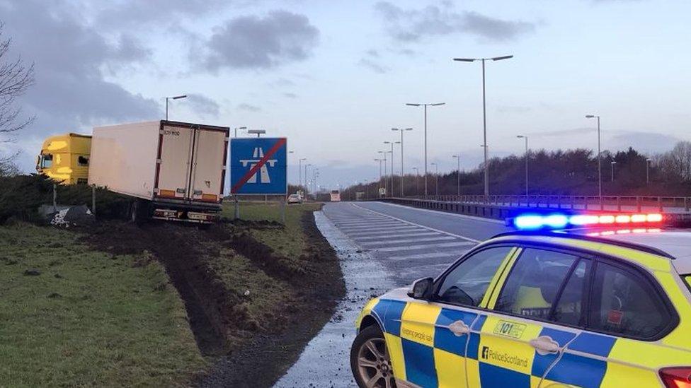 A lorry off a road in Dumfries and Galloway