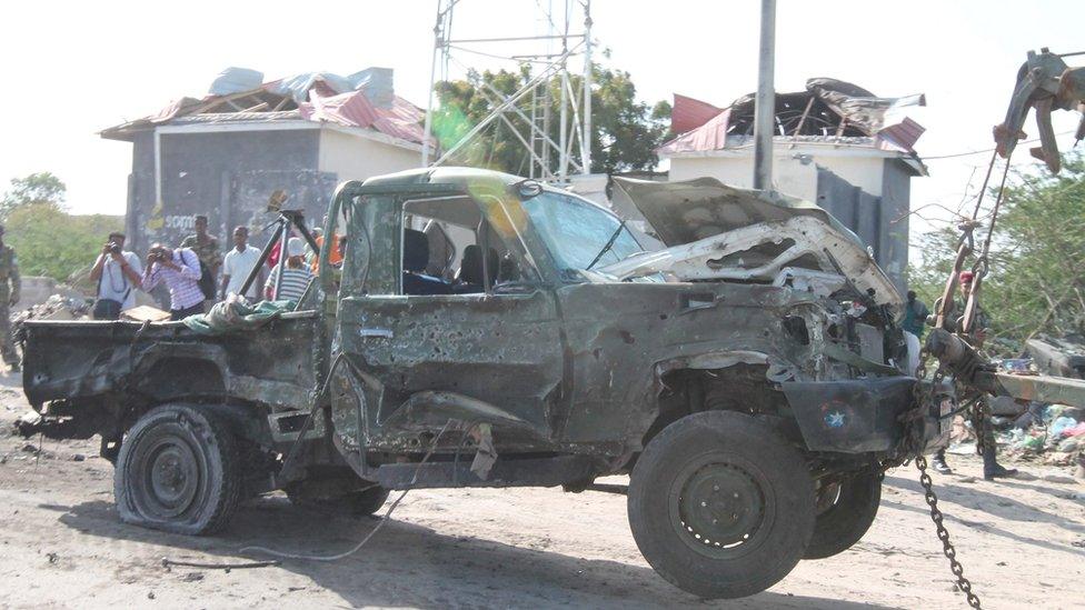 A blown-out military car in Mogadishu, Somalia, 18 September 2016