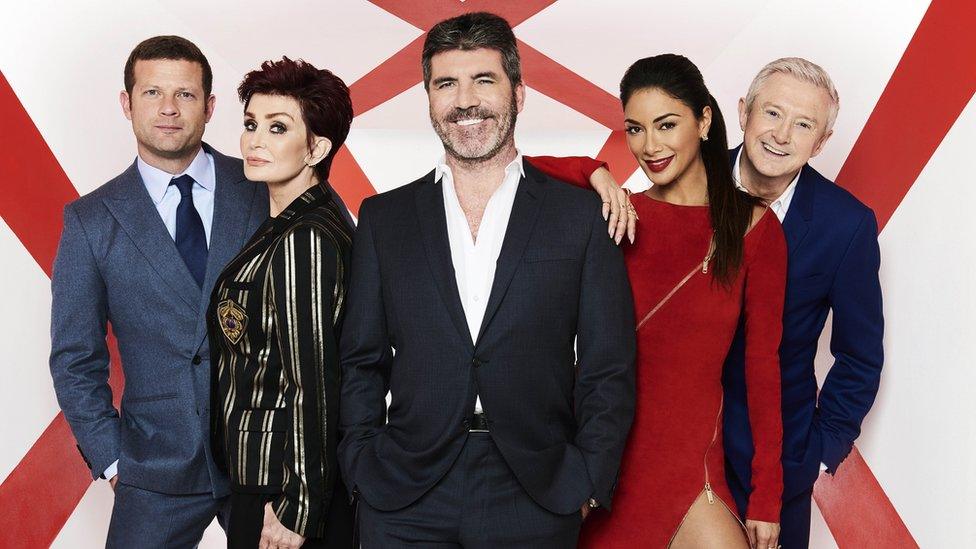 Left-right: X Factor's Dermot O'Leary, Sharon Osbourne, Simon Cowell and Louis Walsh