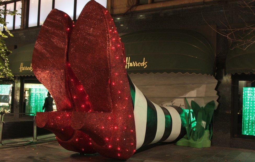 Christmas 2009: Harrods department store displays a super-sized version of the infamous Witches legs replicating an iconic scene from the movie The Wizard of Oz