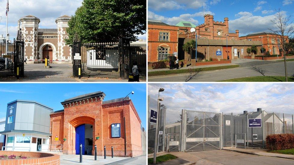 Clockwise from top left: Wormwood Scrubs, Hull, Lindholme and Nottingham prisons