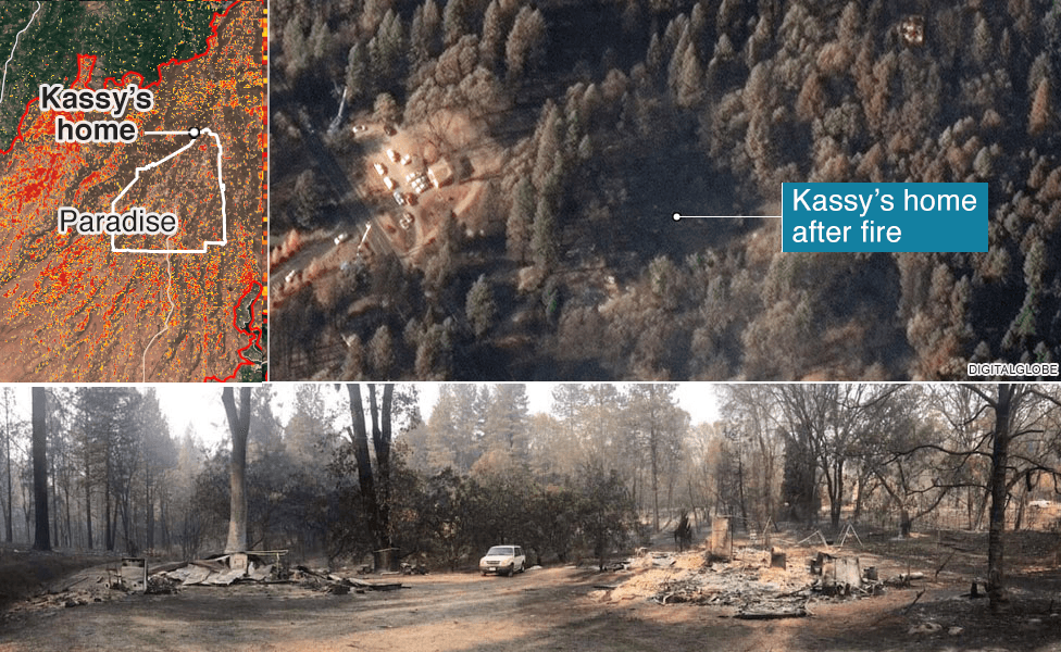 Photo composite showing Kassy's house after the fire from above and on the ground