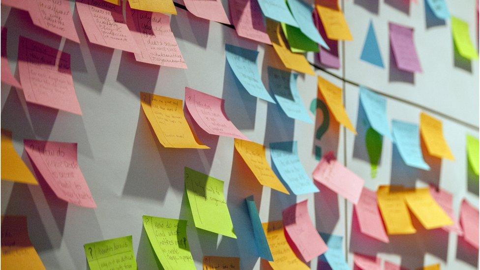 A stock image showing a wall of coloured sticky notes