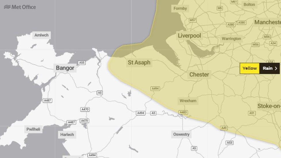 Met Office graphic showing map of affected area across north Wales, stretching west to St Asaph