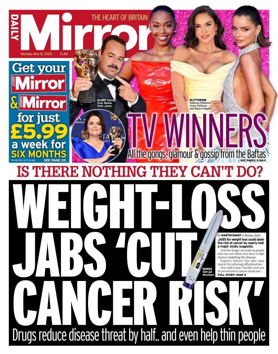 Daily Mirror front page on Monday 12 May 2025