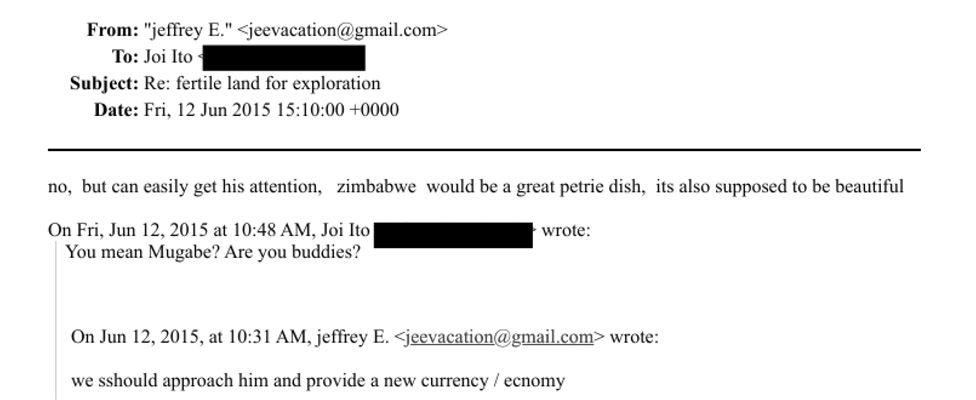 A screengrab of an email conversation between Jeffrey Epstein and Japanese entrepreneur Joi Ito in June 2015 under the subject heading 'fertile land for exploration'.