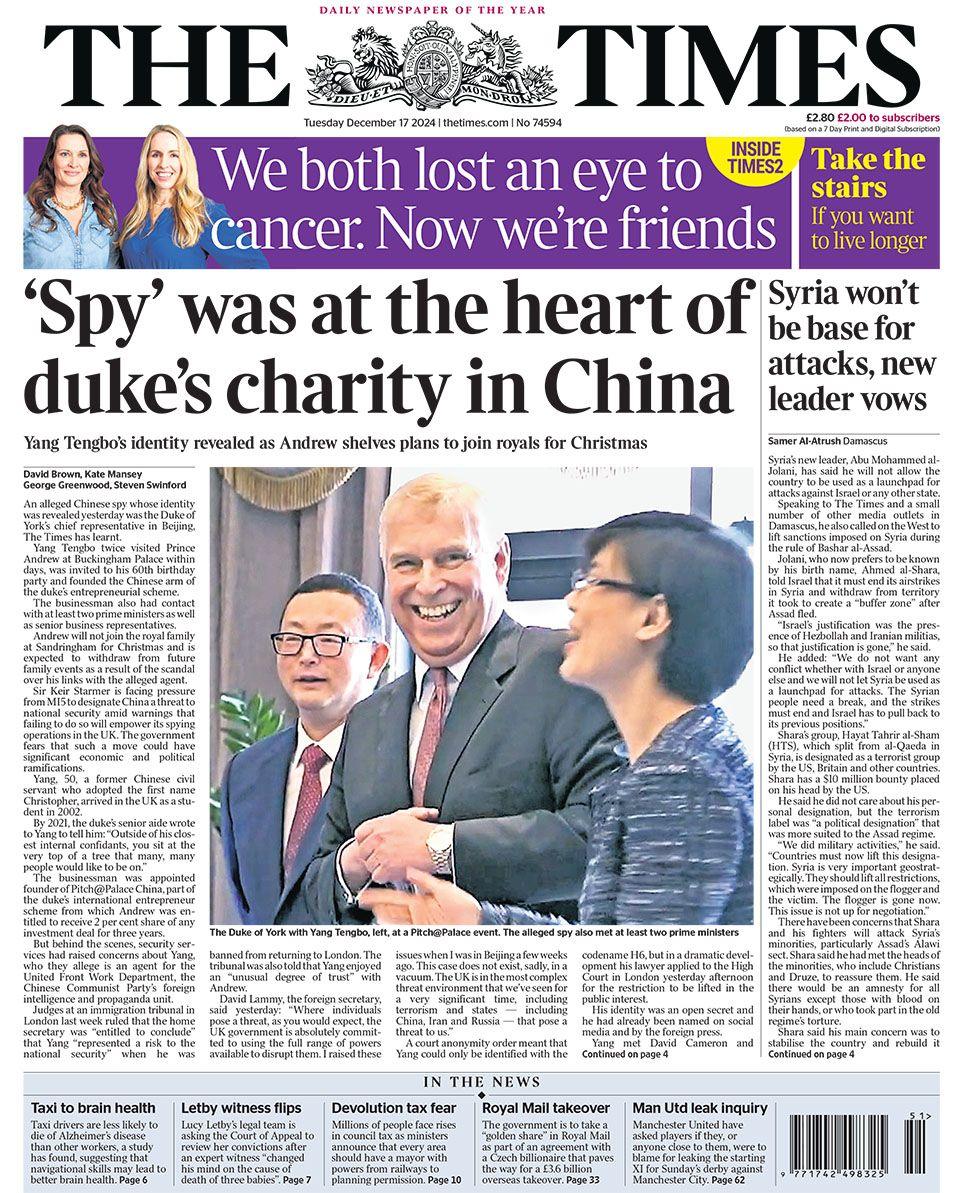 The main headline on the front page of the Times reads: "'Spy' was at the heart of duke's charity in China"