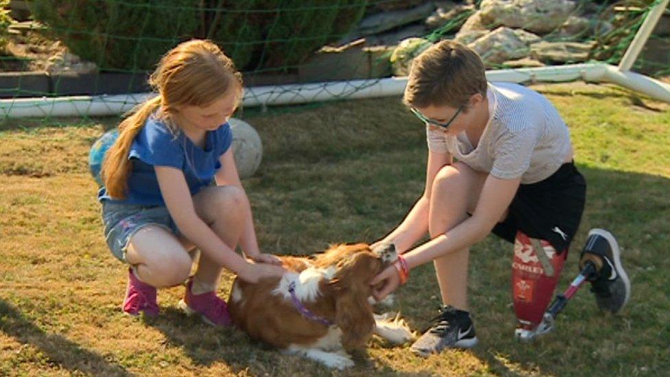 Picture of Mia and her sister playing with their dog