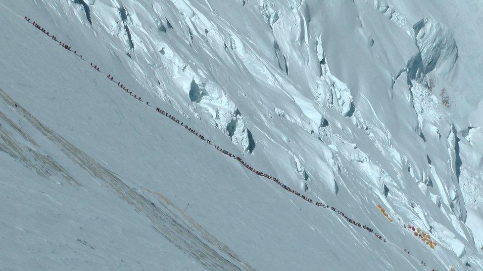 A line of climbers at Everest