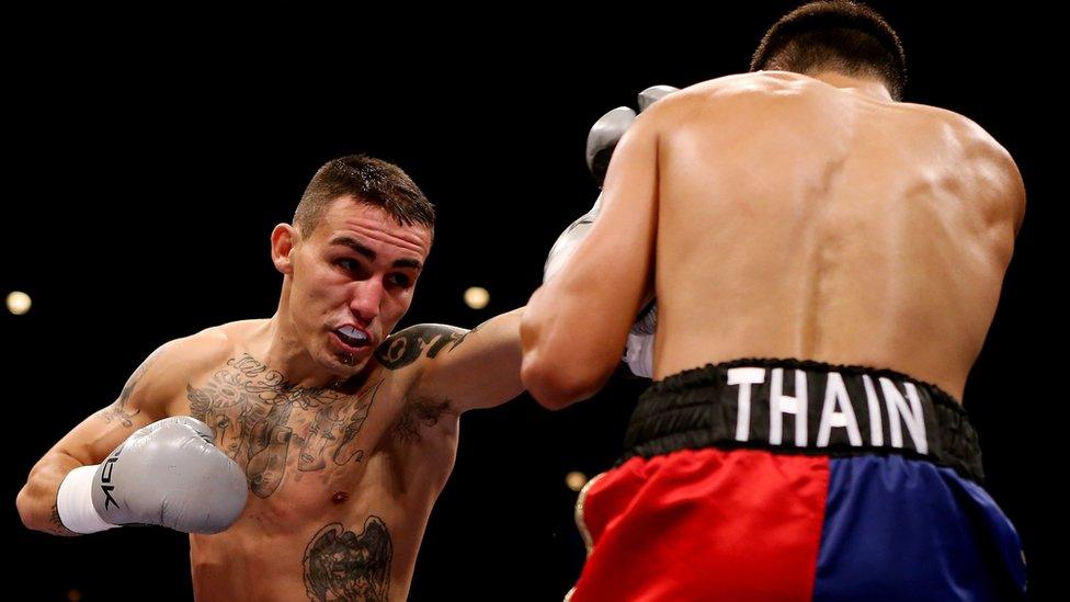 Lee Noble (left) in action with John Thain during their Light Middleweight match in 2012