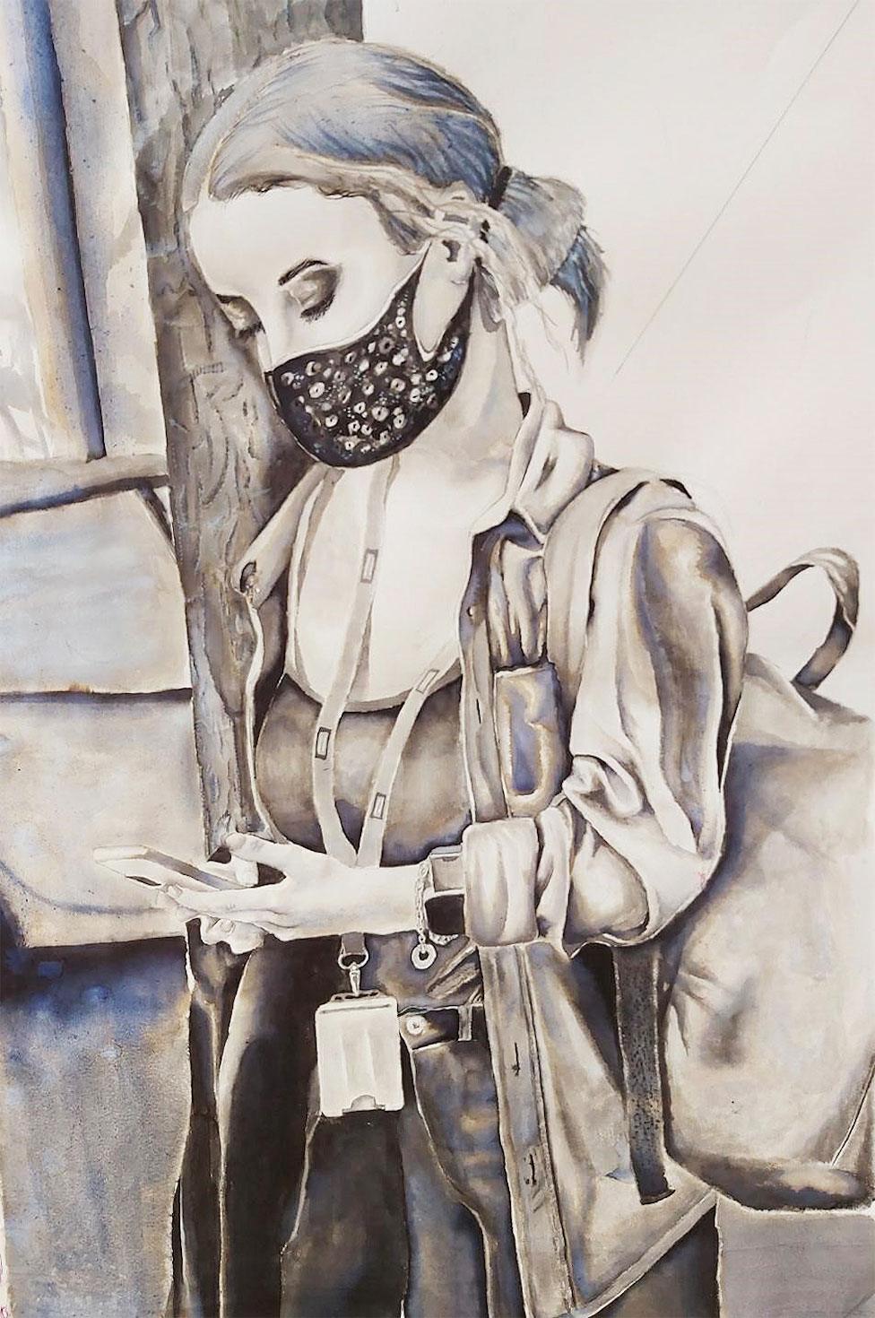 A piece of art showing a painting of a woman wearing a face mask and looking at her phone