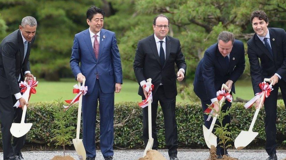 World leaders take part in a planting ceremony on the grounds at Ise-Jingu Shrine in the city of Ise in Mie prefecture, on May 26, 2016 on the first day of the G7 leaders summit.