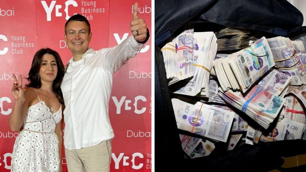 A composite image of a woman making a peace sign, wearing a dress, and a man holding his thumb up, in front of a red background with white writing. The other part of the image is a bag of bundles of bank notes.