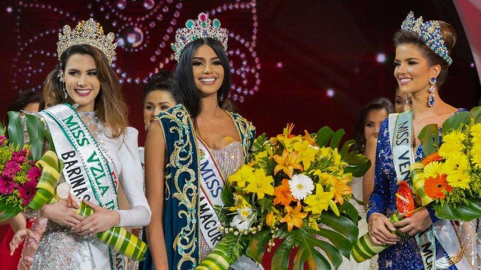 Winner of the Miss Venezuela 2017 Sthefany Gutierrez with two other contestants on 9 November 2017