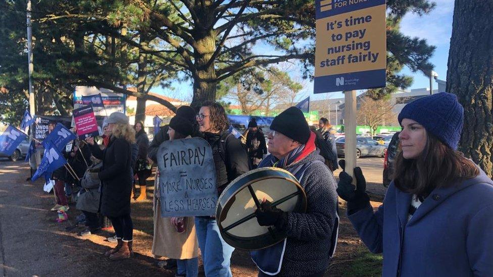 The picket line outside the Royal Cornwall Hospital