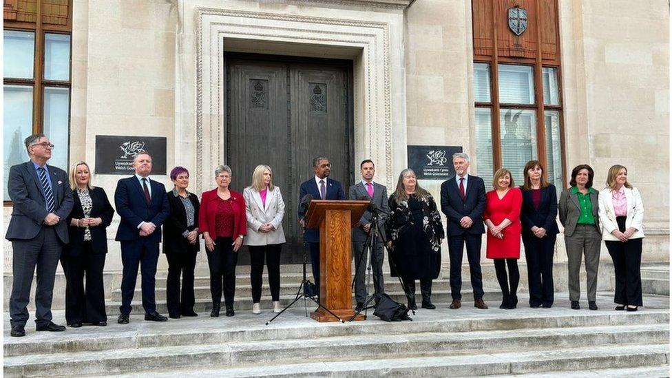 Vaughan Gething's new cabinet outside the Welsh government's Cardiff headquarters