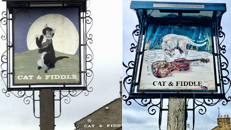 Cat & Fiddle sign in 1980s (left) and 2019