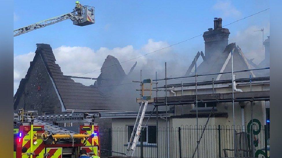 The roof of the school was wrecked by the blaze