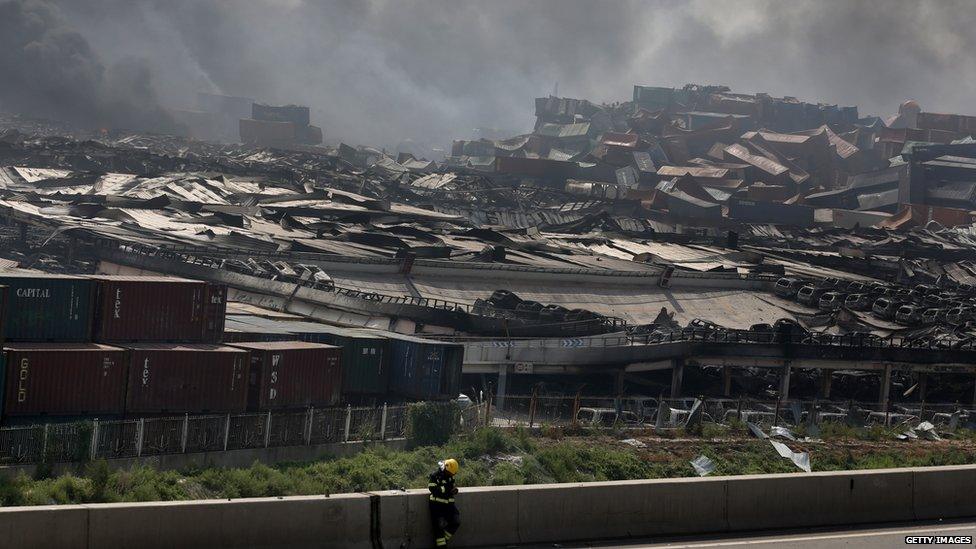 Wreckage after two massive explosions in Tianjin