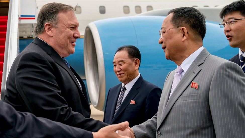 U.S. Secretary of State Mike Pompeo is greeted by North Korean Director of the United Front Department Kim Yong Chol, and North Korean Foreign Minister Ri Yong Ho, as he arrives at Sunan International Airport in Pyongyang, North Korea, July 6, 2018.