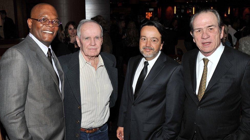 Actor Samuel L. Jackson, writer Cormac McCarthy, HBO Films president Len Amato, and director/actor Tommy Lee Jones attend the HBO Films & The Cinema Society screening of "Sunset Limited" at Porter House on February 1, 2011 in New York City.