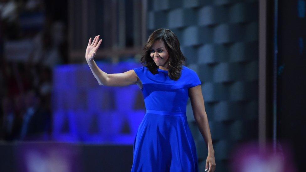 First Lady Michelle Obama addresses the Democratic National Convention in Philadelphia on Monday, 25 July 2016.