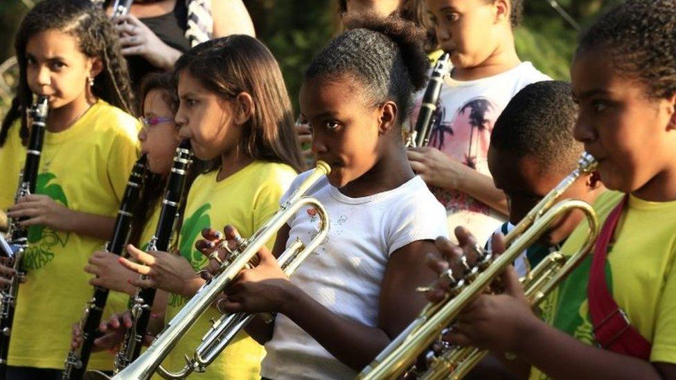 Members of a favela Brass band rehearse in Rio de Janeiro (01 August 2016)